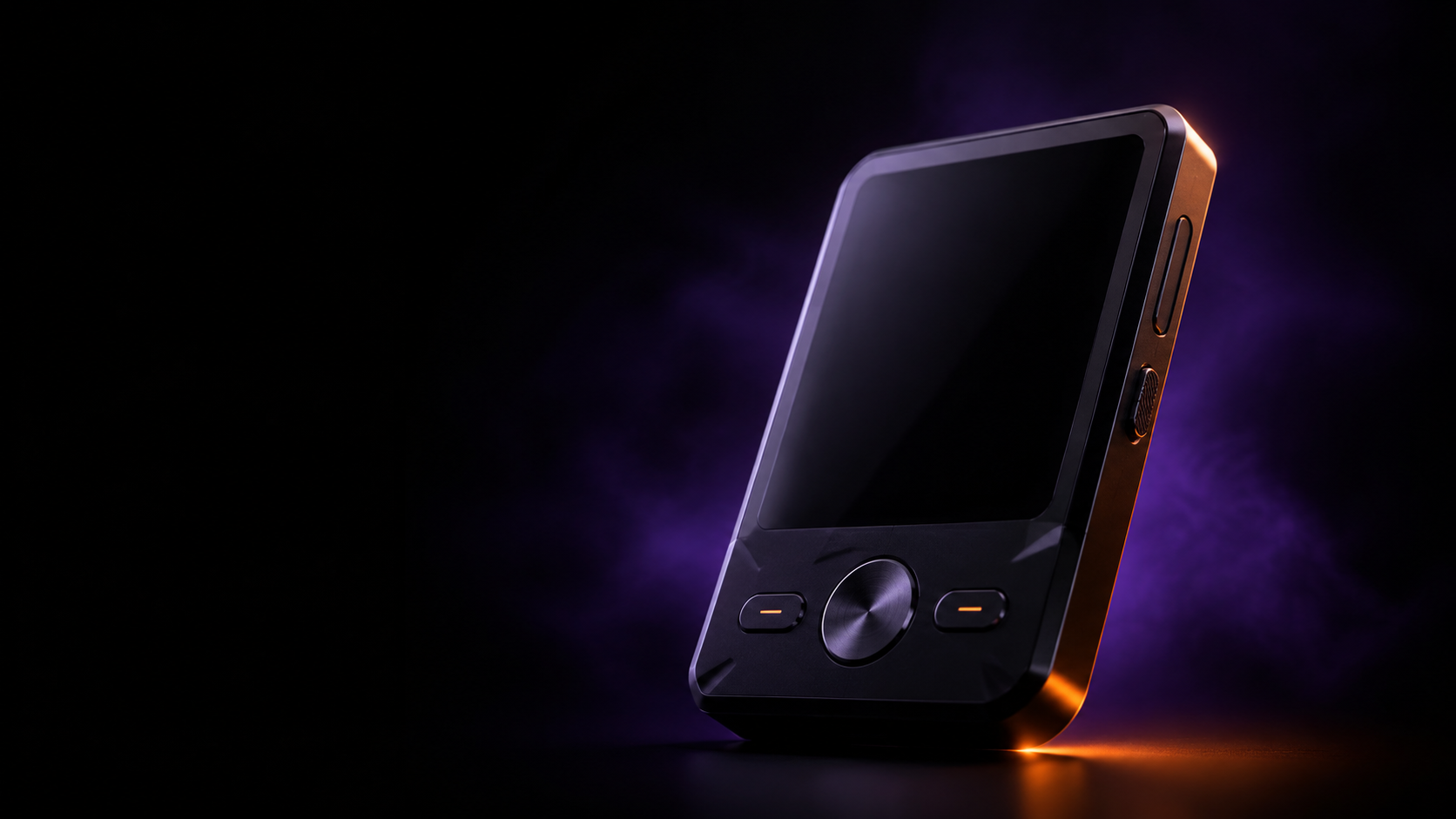 Black hardware signing device illuminated by orange and violet light